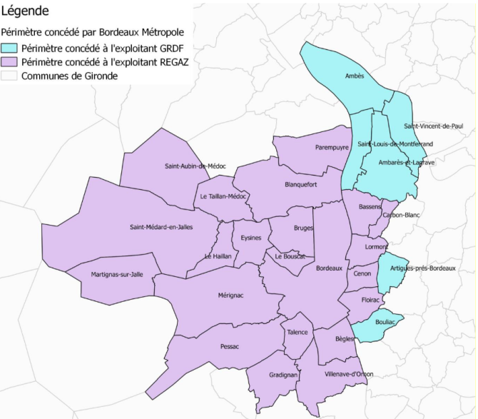 Carte des distributeurs de gaz sur le territoire de Bordeaux Métropole